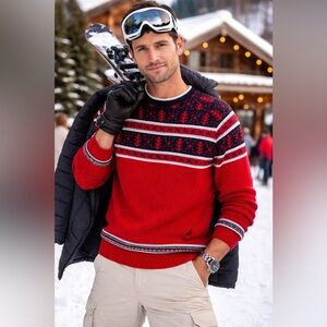 Nautica Men’s XL Red Navy Fair Isle Nordic Crewneck 100% Cotton - EUC